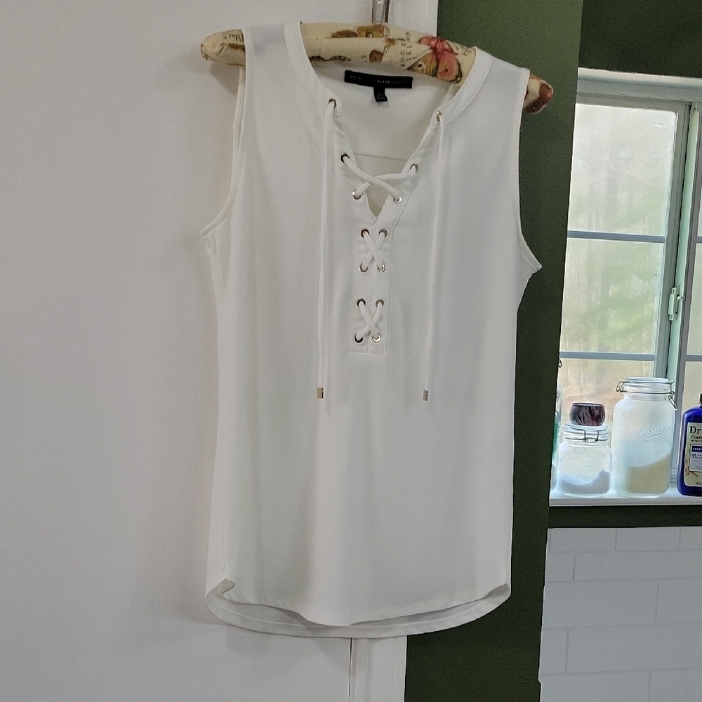White House Black Market Lace-Up Ivory Tank Top